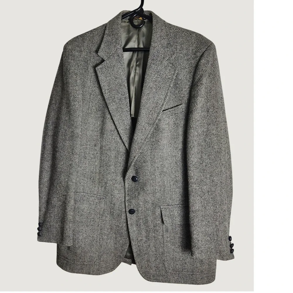 Vintage Hunter Haig Gray Herringbone Wool Gray Black Sport Coat Men 44R USA Made